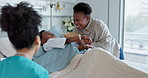 Nurse, mother and son playing in a hospital together during recovery with professional care. Medicine, funny family and children with people in a healthcare clinic for rehabilitation or treatment