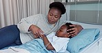Hospital, bed and mother with child for comfort, compassion and care with iv drip for surgery. Healthcare, African family and mom with support for kid for medical service, wellness and treatment