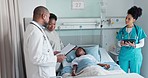 Man, doctor and child patient in consultation, exam or checkup appointment on hospital bed. Male person, surgeon or medical team with little boy or mother in healthcare diagnosis or results at clinic