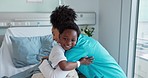 Happy woman, doctor and child hug for teddy bear, healthcare or support on hospital bed. Female person, nurse or medical assistant hugging little boy smile with soft toy at clinic for checkup or care