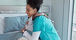 Happy woman, doctor and hug child patient with tablet for good news, love or support on hospital bed. Female person, nurse or medical assistant with technology hugging little boy for trust at clinic