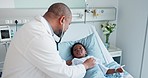 Man, doctor and checking child heart rate or beat in healthcare for wellness on bed at hospital. Male person, nurse or medical surgeon with stethoscope on little boy for health diagnosis at clinic