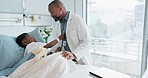 Black man, doctor and child patient with stethoscope for healthcare, heart beat or rate on hospital bed. African male person, medical surgeon or professional smile with little boy for clinic checkup