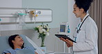 Doctor, woman and patient in bed with tablet for medical check, healthcare and communication in hospital. Wellness, professional and employee with person for health consultation, service and smile