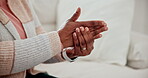 Massage hands, pain and arthritis, sick or disease in home living room. Touch fingers, inflammation and closeup of woman with injury, muscle fibromyalgia or rheumatoid, health problem or osteoporosis