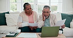 Old couple, laptop and life insurance paperwork, stress for finance and asset management with budget. Savings, communication at home with policy and tax audit, financial crisis and debt for mortgage