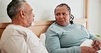 Divorce, stress and senior couple in bed fighting, angry or frustrated by erectile dysfunction or menopause. Marriage, conflict and old people in bedroom with toxic communication, anxiety or dispute