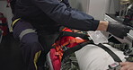 Patient, medic and man with oxygen mask in ambulance for emergency, injury or healthcare with neck brace. First responder, 911 and person with anesthesia for medical health, support or victim check