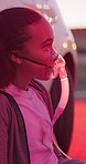 Woman, oxygen mask and ambulance for accident, injury and danger on street with medical attention. Girl, breathing equipment and talking to first responder, paramedic or help for emergency on road