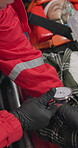 Watch, pulse and hands of an emt with a patient in an ambulance for rescue during an emergency or accident. Heartbeat, time and service with a paramedic closeup in a vehicle to save a man from above