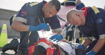 Man, paramedics and victim with ems and first aid healthcare for accident and injury. Patient, stretcher and medical service with oxygen mask, stethoscope and teamwork to save life to ambulance   