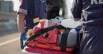 Paramedic, patient and oxygen for accident, stretcher or injury to lungs with help in street. First responder, healthcare expert and emergency on road for ems job, breathing and ambulance transport