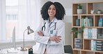 Happy woman, doctor and arms crossed of professional in healthcare, medical or career ambition at hospital. Portrait of female person, nurse or surgeon smile in confidence or health service at clinic