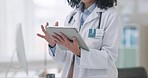 Woman, hands and doctor on tablet in research, communication or online networking at hospital. Closeup of female person, nurse or medical professional working on technology for Telehealth at clinic