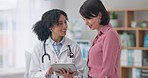 Woman, doctor and tablet with patient in consultation, healthcare or results at hospital. Female person, nurse or medical surgeon consulting customer on technology for health advice or help at clinic