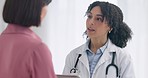 Woman, doctor and consulting patient in healthcare for prescription, diagnosis or checkup at hospital. Female person, nurse or medical surgeon in consultation for health advice or schedule at clinic