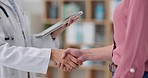 Woman, doctor and handshake with patient or tablet in meeting, b2b or introduction at hospital. Closeup of female person or medical employee shaking hands with technology for appointment at clinic