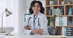 Face, doctor and woman with arms crossed, career and smile with healthcare, hospital and ambition. Portrait, happy employee and medical professional with confidence, office or medicare with physician