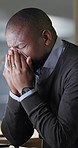 Black man, senior employee blowing nose and allergies, sneezing and sick with fatigue at office. Health, wellness and influenza virus, medical condition and illness with toilet paper and headache