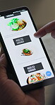 Closeup, phone screen and hands with restaurant menu, food and delivery with e commerce and lunch choice. Tech, scroll app and UX with website, person meal decision from cafe with shopping and search