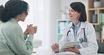 Meeting, doctor and woman with results on tablet in conversation with patient in office, clinic or healthcare. Medical, talk and people in consultation with tech for medicine, research and report