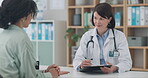 Meeting, doctor and woman with tablet in office, conversation with patient clinic results or healthcare. Medical, people and talking in consultation with tech for medicine, insurance or report