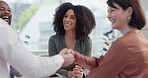 Meeting, handshake and business people in office with thank you, welcome or hiring success, deal or negotiation. Collaboration, growth or b2b team shaking hands in partnership, teamwork or onboarding