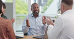 Meeting, high five and applause with a business team in an office for celebration of a target or goal. Collaboration, support or motivation with a man and woman employee group clapping for success