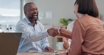 Meeting, handshake and promotion with a business team in an office for the celebration of a target or goal. Success, meeting or applause with an employee group clapping for motivation at work