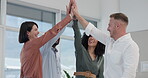 Business people, high five and teamwork, success or collaboration with goals, support or group achievement. Professional employees and happy team with hands together for marketing mission and target