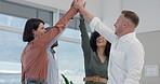 Business people, high five and celebration, success and teamwork with goals, support or group achievement. Happy employees or team with hands together and applause for winning and project achievement