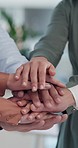 Business people, team and stack hands for support, solidarity and synergy for winning, partnership and collaboration. Closeup, employees and group huddle to celebrate achievement, trust and success 
