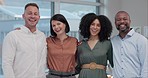 Smile, face and team of business people in office in collaboration with confidence together. Diversity, happy and portrait of professional creative designers standing for bonding in modern workplace.
