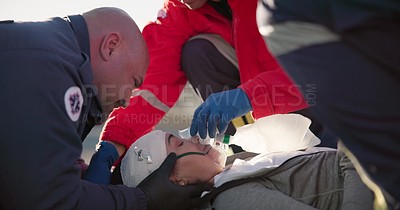 Medical emergency, accident and patient with oxygen mask on road for ...