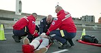 First aid, paramedic man and emergency with medical support, accident and injury help. Ambulance, patient and healthcare with CPR, IV drip and wellness check on a street with professional ICU team