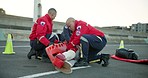 First aid, paramedic gurney and emergency with medical support, accident and injury help. Ambulance, patient and healthcare with CPR, IV drip and wellness check on a street with professional ICU team