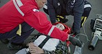 First aid, paramedic and emergency with saving and medical support, accident and injury help. Ambulance, patient and healthcare with CPR, IV drip and wellness check of people on street with ICU team