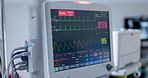 Hospital, digital machine or heart monitor in theater, bcakground or operation room for surgery or cardiology. Clinic, medical or professional tech with ecg screen for cardiovascular check in icu