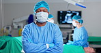 Man, surgeon and arms crossed, face mask and confidence with help, support and trust in healthcare. Portrait, PPE and cardiology doctor in operation theater for surgery and medical professional