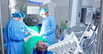 Surgeon, surgery team and support in theater for medical emergency, wellness and healthcare with tools. Doctor, teamwork and saving a patient with ppe and equipment for healing, injury or medicare