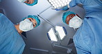 Hospital, doctor and lights for surgery, operating room and utensils. Operation, medical and diagnosis for patient, anesthesia and portrait in POV, teamwork or hands for collaboration, working or job