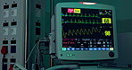 Hospital, digital machine or heart monitor in theater, clinic or operation room for surgery or cardiology. Background, medical or professional tech with ecg screen for cardiovascular check in icu