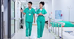 Doctors, nurses and teamwork or walking in hospital for planning, patient healthcare and workflow management. Professional people or surgeon in clinic survey, student training or internship advice