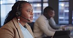 Call center, office and black woman with customer service, sales agent and communication. African person, employee or worker with headset, tech support and connection with telemarketing, help or crm 