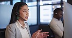 Telemarketing, computer and woman with customer service, office and communication with help desk. Person, employee and consultant with headphones, tech support and connection with call center and crm