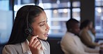 Call center, headphones and woman with customer service, telecom sales and speaking with technical support. Person, employee and agent with headset, help desk and connection with consultant and crm 