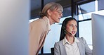 Telemarketing, manager and employee with customer service, computer and advice in a workplace. Consultant, supervisor or women with technical support, corporate training and call center with internet
