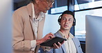 Telemarketing, customer service and man with mentor for consulting, call center or training with tablet. Consultant, employee and manager with communication, coaching and talking with touchscreen