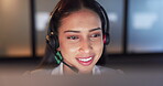 Call center, speaking and woman with customer service, help desk and communication in a workplace. Person, employee or sales agent with headset, tech support and connection with telemarketing or crm 