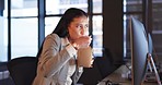 Office, computer and woman with fast food at desk, reading email or online report for project at digital agency. Dinner, work and eating, hungry businesswoman at startup checking business website.